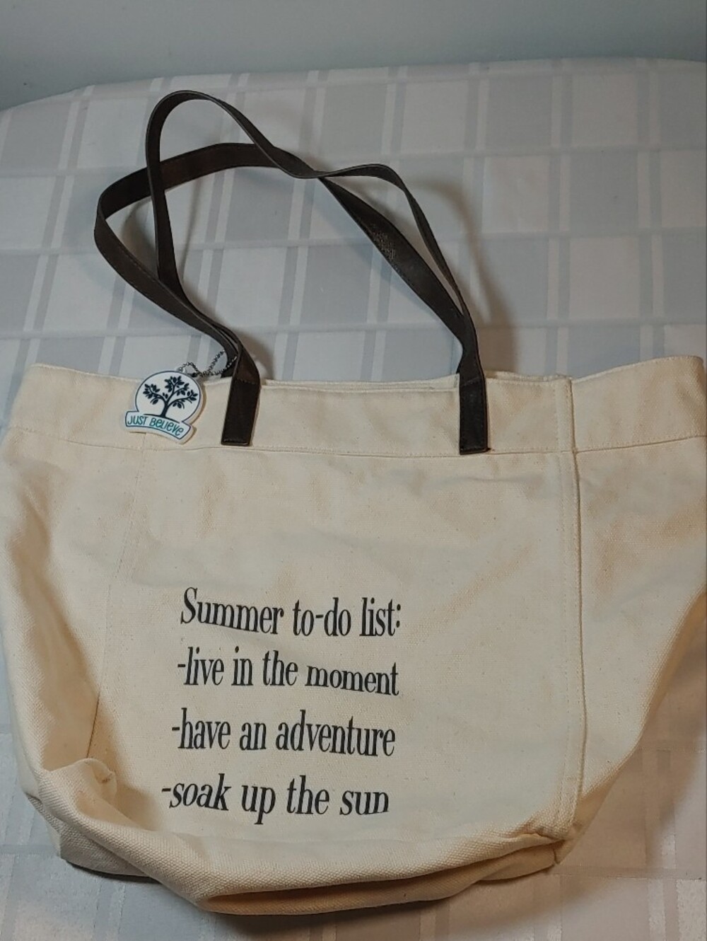 thirty-one Cream Canvas Tote with Dark Brown Handles and Text Print